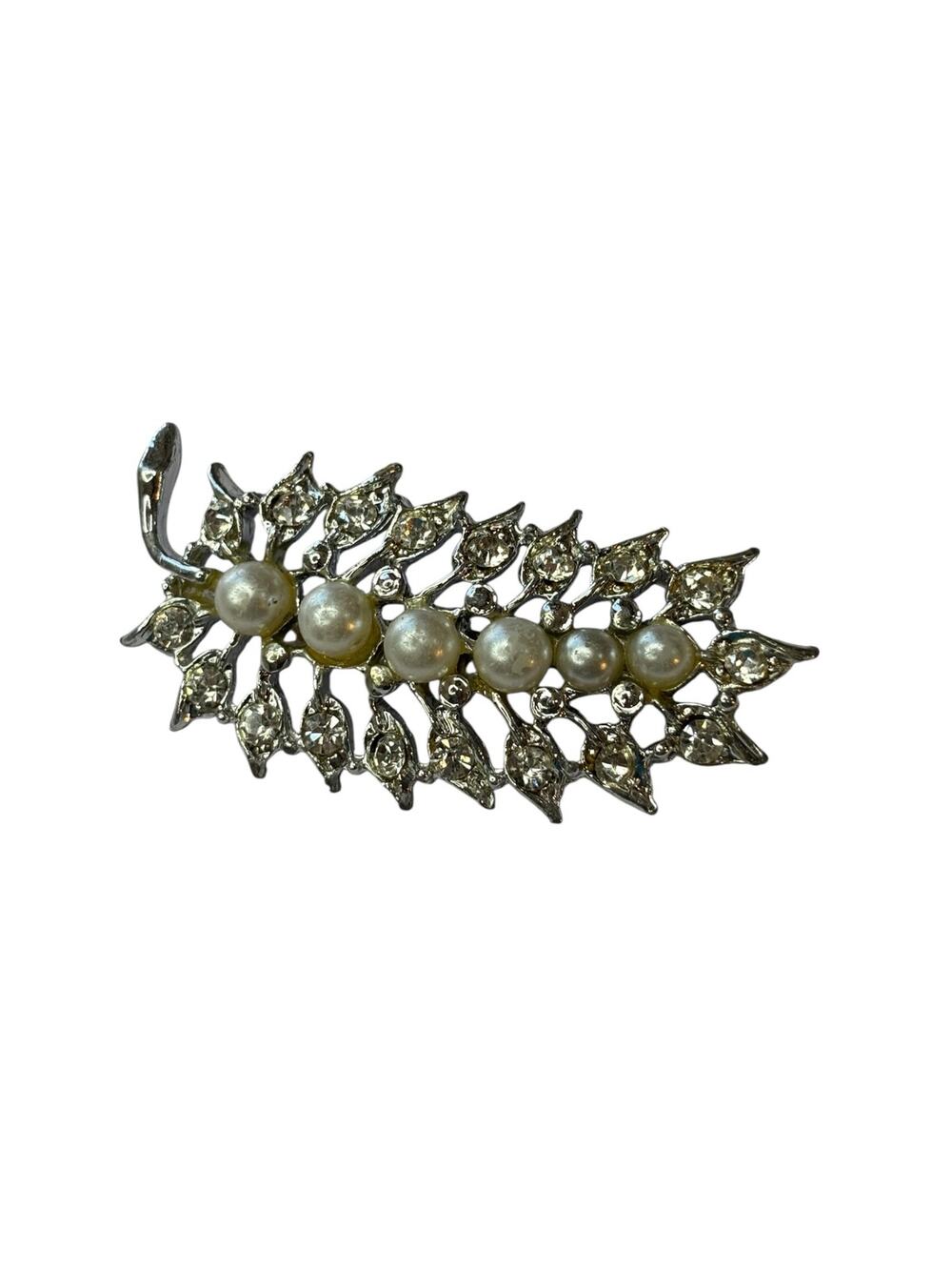 Vintage Rhinestone & Faux Pearl Starburst Brooch | Silver Tone Mid Century